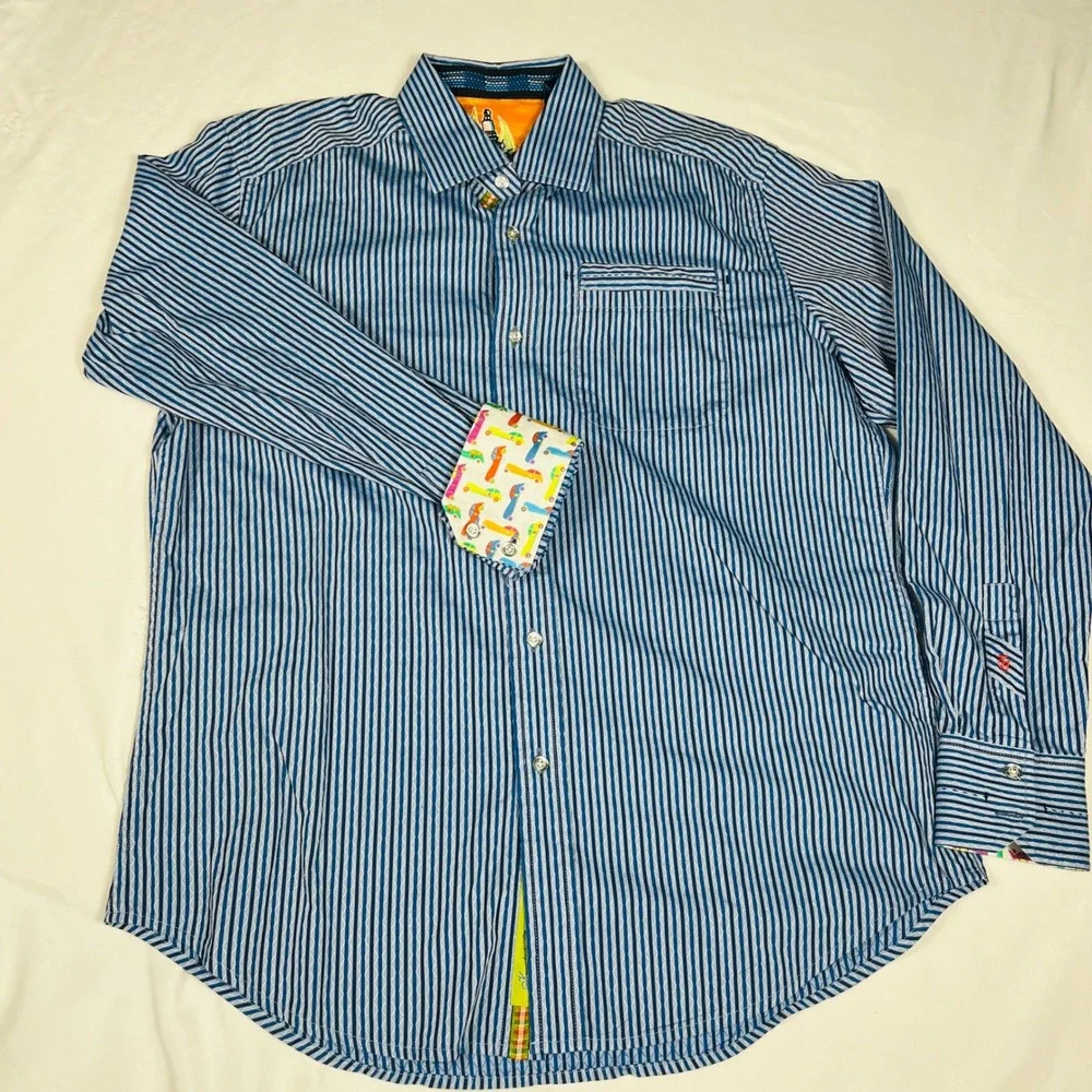 Robert Graham Sparky Blue White Striped Button Down Shirt Mens Medium Car Print